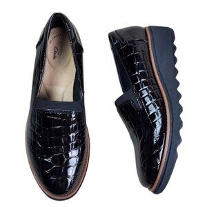 NEW Clarks Collection Sharon Dolly Croc Patent Leather Black Slip On Shoes Sz 9